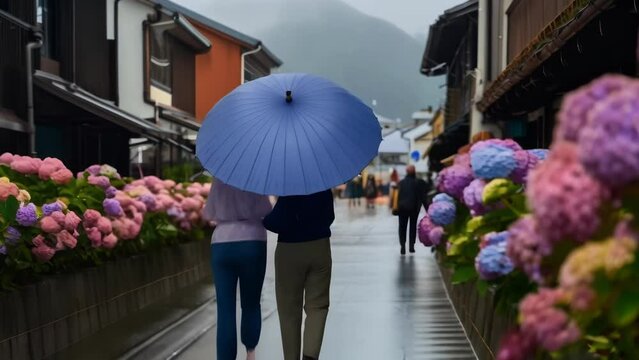 Romantic street photography capturing an intimate moment of a couple walking together in the rain, surrounded by the picturesque beauty of blooming hydrangea flowers lining the street.
