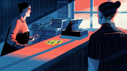 Fototapeta premium Bank Teller's Engagement: Illustration of Interacting with Customers in a Bank