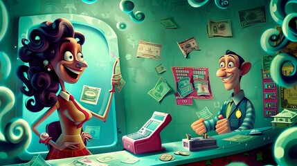 Bank Teller's Equipment: Illustration of Cash Drawer, Computer, and Calculator