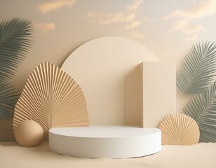 Cylinder abstract minimal scene with geometric platform. Summer background  3d rendering with podium. stand to show cosmetic products. Stage showcase on pedestal modern 3d studio beige pastel