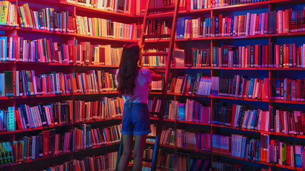 Magnificent School girl on the ladder in library full of books
