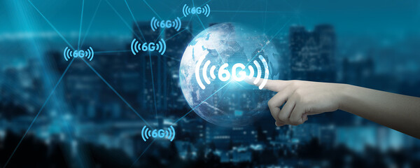 Hand Touching global network connection on 6G technology and futuristic advancement.