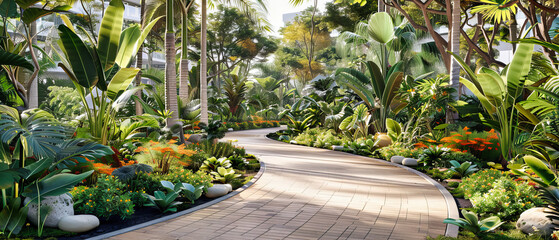 Serene Green Park in Summer, Stone Pathway among Tropical Plants and Sunlight