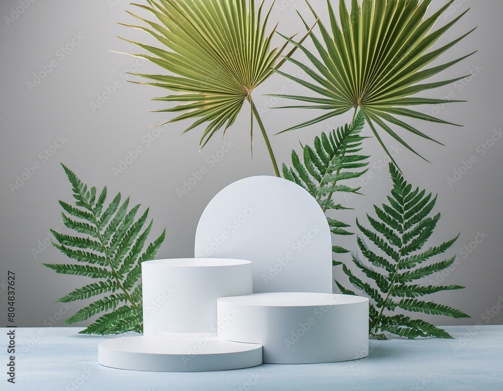 Poster 3d background products display podium scene with palm leaf geometric platform. background 3d render 