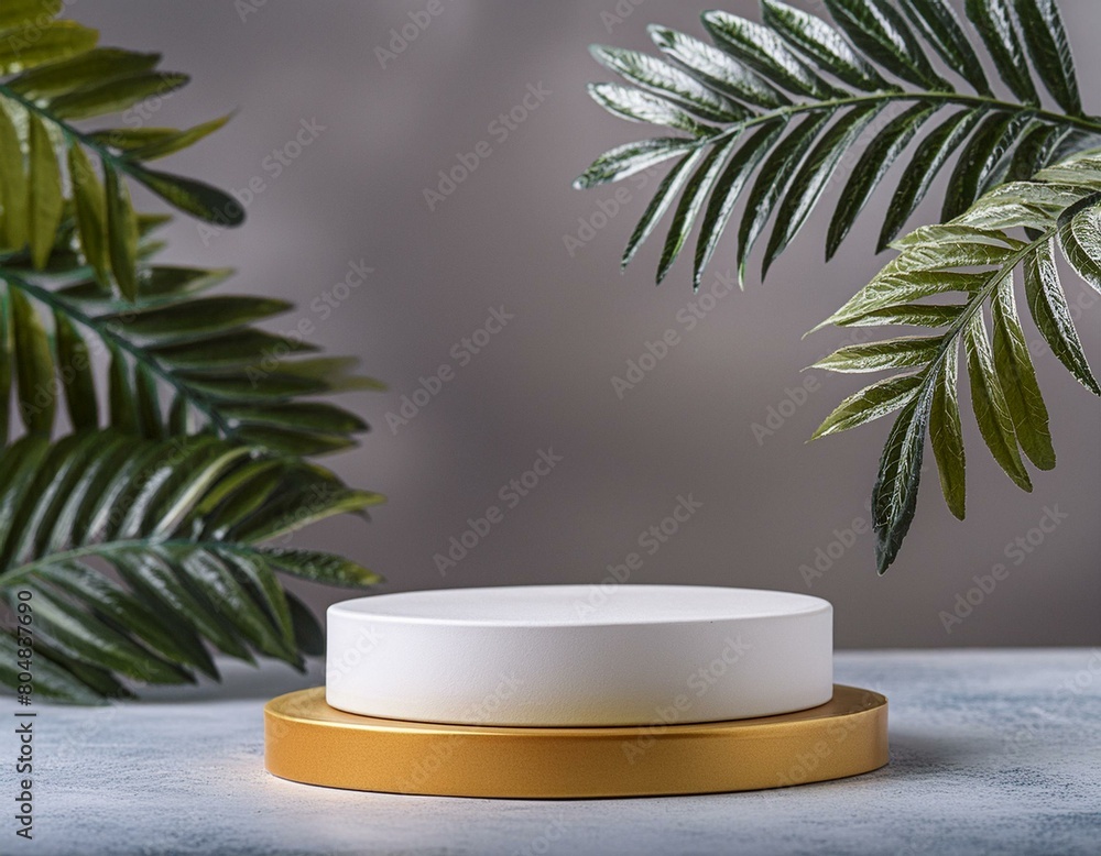 Poster 3d background products display podium scene with palm leaf geometric platform. background 3d render 