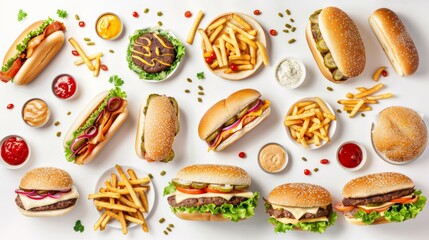 A tempting array of fast food classics, from sandwiches to fries, neatly arranged on a pristine white background