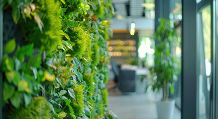 Beautiful living wall in an office space with plants and greenery, interior design