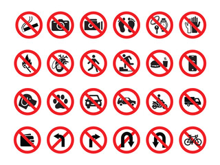 Prohibition signs, safety sign for industry and construction (no smoking, access, photo, camera, phone, dogs, eating, food, drink)