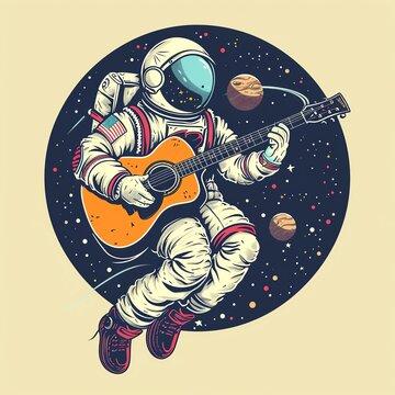 crazy astronaut playing guitar slogan vector cartoon illustration tee grapic wallpaper poster home textile print design
