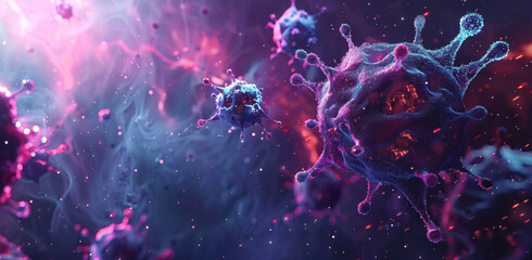 3d render of multiple cancer cells being passed by an isolated cell in the background, dark blue and purple color theme, cinematic, natural light