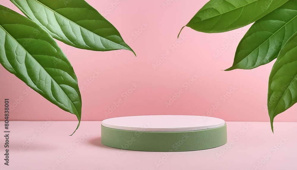 Poster 3d background products display podium scene with green leaf geometric platform. background 3d render
