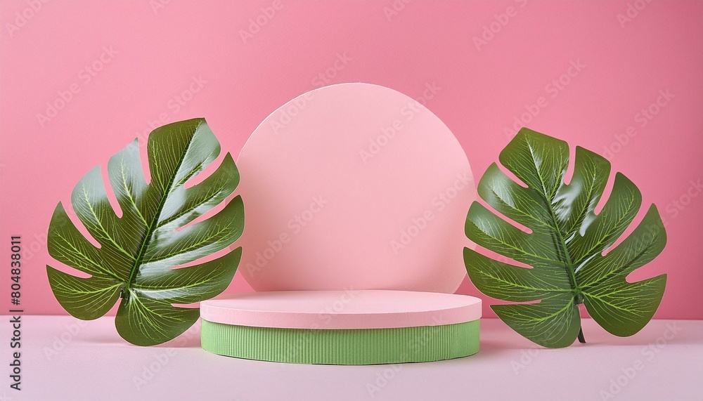 Aufkleber 3d background products display podium scene with green leaf geometric platform. background 3d render