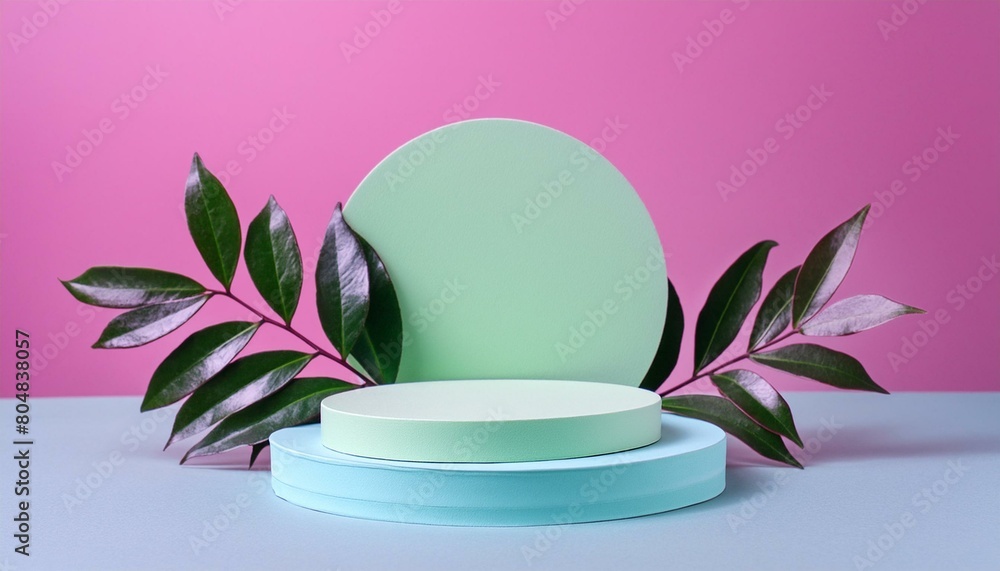 Aufkleber 3d background products display podium scene with green leaf geometric platform. background 3d render