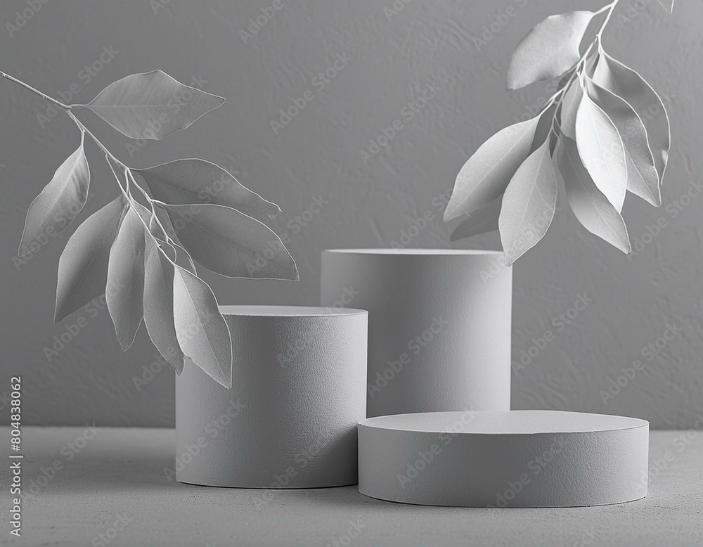 Aufkleber 3d gray background product display podium scene with leaf geometric platform. grey background 3d ren