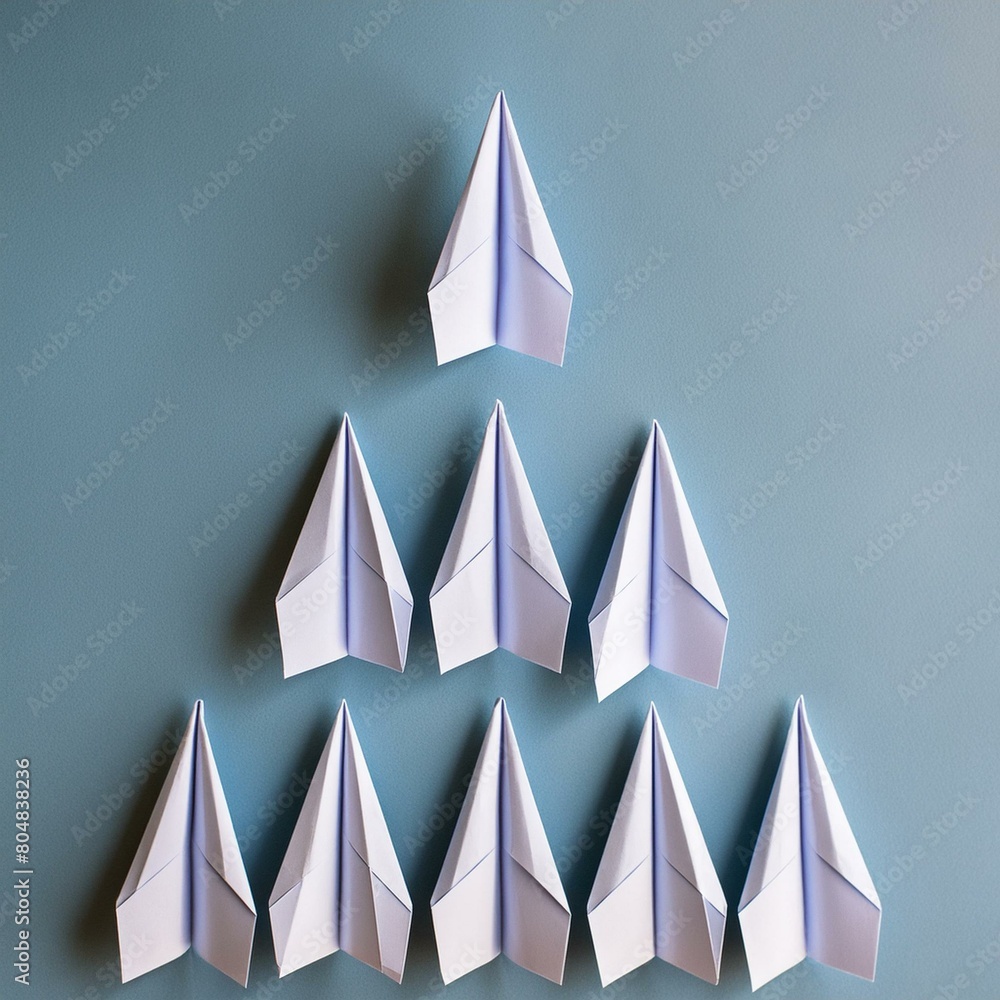 Poster Business concept minimal as group of paper plane in one direction and with one individual pointing in different ways for creative innovative solution on 3D render . leadership for new ideas