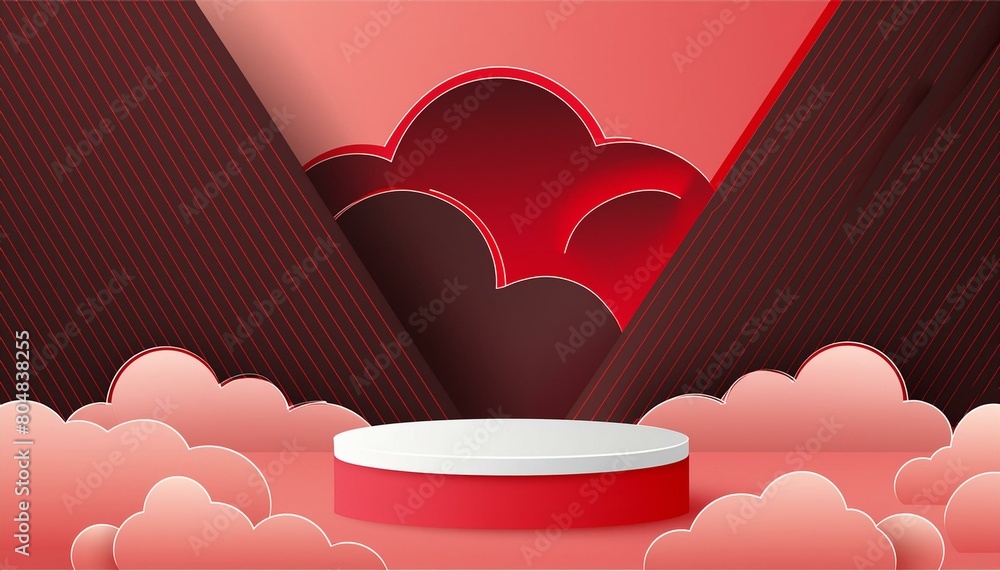 Poster background 3d pink rendering with podium and minimal cloud white scene, minimal cloud abstract backg