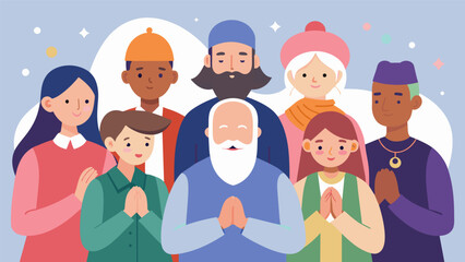 A group of elders representing different faiths and communities offer their wisdom and blessings to the younger generations during the interfaith. Vector illustration