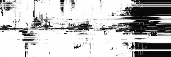 A black and white ink painting in the style of VHS glitch and noise and an old rusty surface overlay.