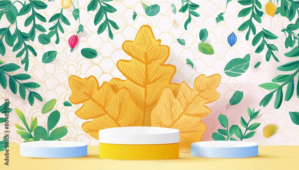 Poster 3d background products display podium scene with yellow leaf geometric platform. background 3d rende