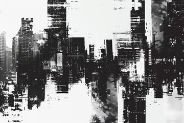 A black and white ink painting in the style of VHS glitch and noise and an old rusty surface overlay.