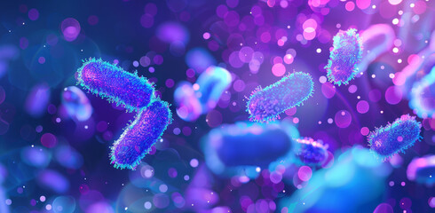 3d render of colorful bacteria in the background, close up, bokeh, glowy light effects, dark blue and violet color palette