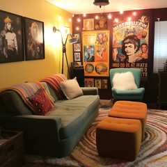 A bohemian-inspired home theater with plush seating and retro movie posters