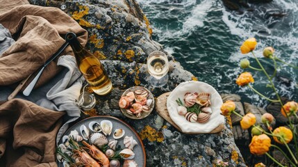Aerial view of a picnic on a rocky cliff by the ocean, surrounded by water, plants, rocks, and natural materials creating a beautiful pattern resembling an underwater art piece AIG50