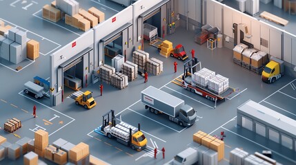 Isometric large modern warehouse with forklifts and truck Interior of a modern warehouse in time with the staff Warehouse and storage flat isolated illustration