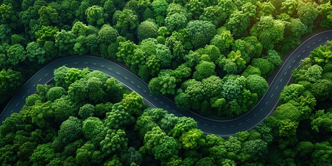 Birds-eye view of green forest below, separated by winding asphalt road. Luxurious aesthetic background. Generative AI