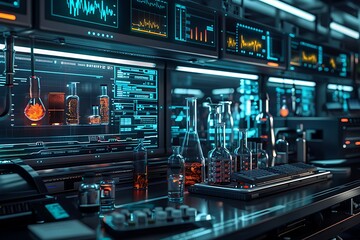 Naklejka premium Science laboratory with equipment analyzing digital data streams