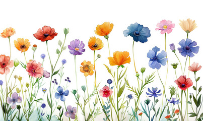 A vibrant watercolor illustration of a field of assorted wildflowers. Generate AI