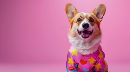 Cheerful Corgi Dog Wearing Colorful Cheer Uniform on Pale Lilac Background