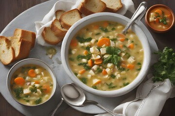 AI Generated-A bowl of soup with a spoon being poured into it