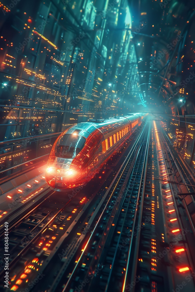 Poster speeding train traveling on a network of digital tracks