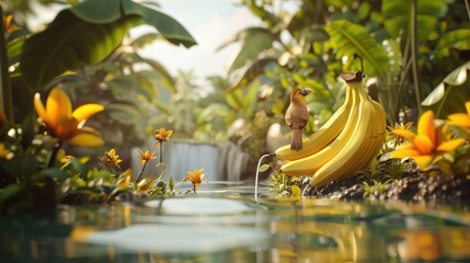 Illustrate a tranquil scene where a colorful tropical with birds and bananas
