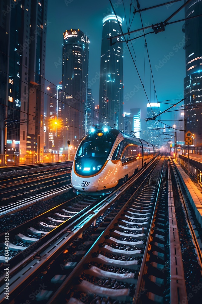 Poster speeding train traveling on a network of digital tracks