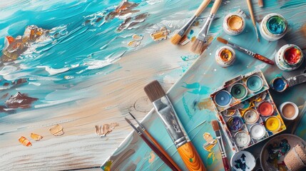 A piece of art depicting a beach scene with azure water, umbrellas, and brushes on a table. The fluid strokes create a leisurely atmosphere AIG50