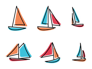 set of Simple Minimalist Line Art Drawings of Sailboats Ships with colors for logo design Transportation Travel Adventure Sailing Sea and decoration on walls