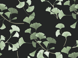 Seamless pattern, green ginkgo leaf branch on dark grey background