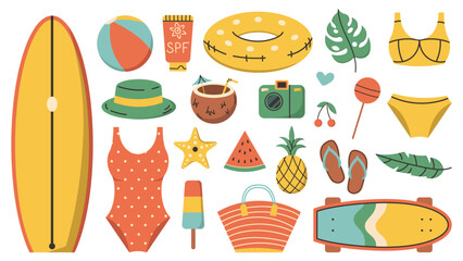 Summer set for sticker. Bright summertime poster. Collection elements for summer holiday