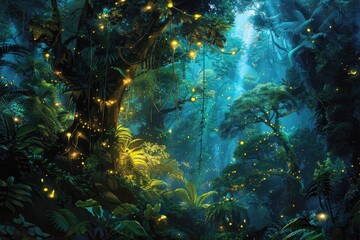 Fantasy forest with palm trees and neon lights. 3d rendering