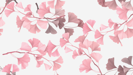 Seamless pattern, pink ginkgo leaves on light grey background