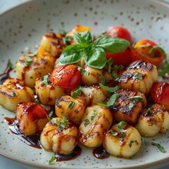 a serving of gnocchi and roasted vegetables, served with a balsamic glaze drizzle