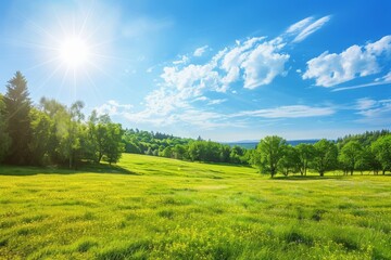 Obraz premium Beautiful summertime landscape with a sunlit grass field, blue sky