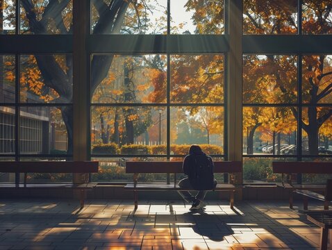 A Student's Wistful Farewell to Their Cherished Campus Study Spot in the Autumn Twilight
