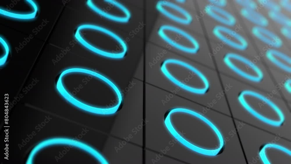 Poster seamless looping 3d animation of an abstract background with blue circles on black metallic backgrou