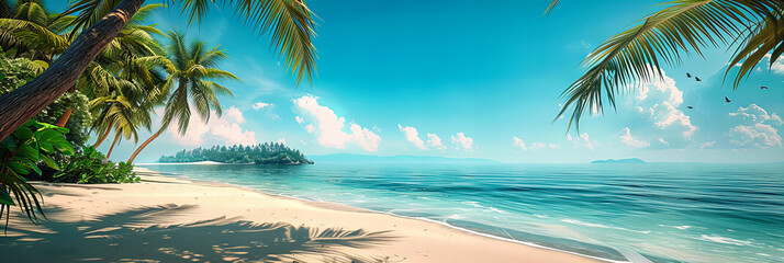 Sunny Beach Panorama with Palm Trees and Clear Blue Waters, Tropical Vacation in Seychelles
