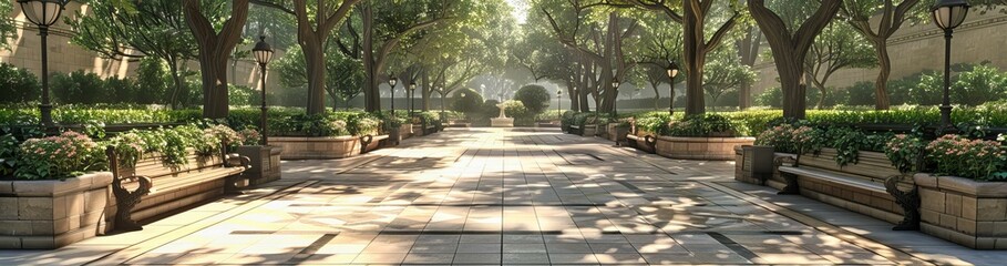 Fototapeta premium Sunny Day in City Park, Footpath Lined with Fresh Green Trees and Lawn