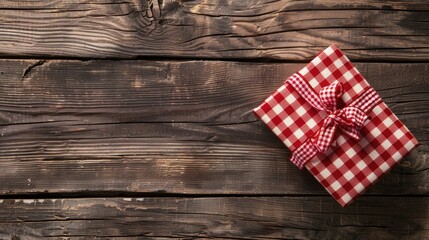 A beautifully wrapped present in red paper rests on a rustic wooden background adorned with a charming checkered ribbon perfect for Christmas birthdays Mother s Day or Valentine s Day