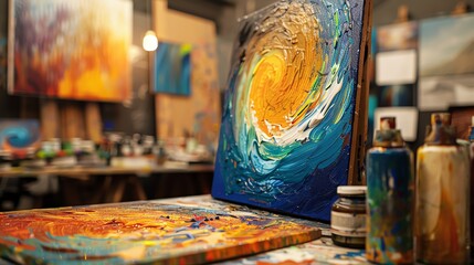 Abstract painting at an art show, focusing on the swirl of colors and blend techniques